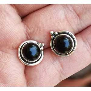 925 Sterling Silver Black Onyx Stud Earrings Handmade July Birthstone Jewelry with Gold Ball Gift for Someone Special - Product Image 2