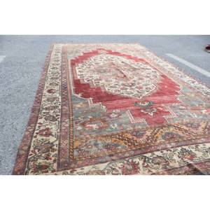 พรมขนสัตว์สีเบจสีแดงคลาสสิกขนาด5.9x10ฟุตงานปะติดสี่เหลี่ยมผืนผ้าพื้นที่ขนาดใหญ่สไตล์แอบสแตรกต์รูปห้องโถงสำหรับวัยรุ่น - Product Image 4