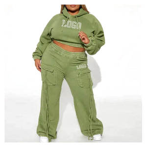 Chándal sobreteñido para mujer, sudadera recortada con cremallera de algodón y bolsillos Cargo, pantalones Jogger marrón acampanado, conjunto de 2 piezas, chándal para mujer - Product Image 5