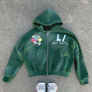 Custom Oversized Heavyweight <b>Vintage</b> Stone Wash Applique Embroidery Patch Distressed Rhinestone Boxy <b>Zip</b> <b>up</b> <b>Hoodie</b> for Men - Product Image 1