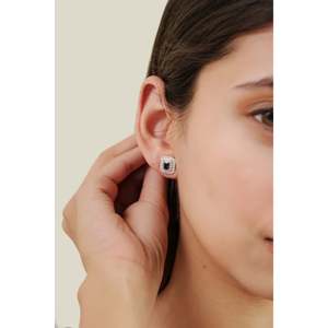ต่างหูห่วงทองคำ 14K วินเทจประดับเทอร์ควอยซ์ทรงเหลี่ยมมรกตและเพชร - Product Image 5
