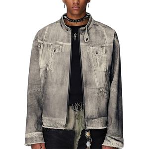 Custom Logo Antique Men's Casual Vintage Distressed Washed Print White <b>Graffiti</b> <b>Denim</b> <b>Jacket</b> High Quality Work Button Embroidery - Product Image 4