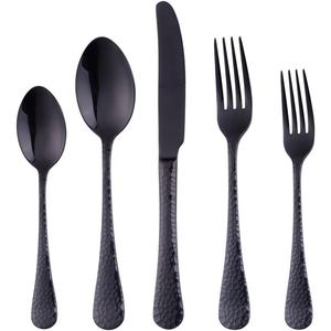Hammered Design <b>Black</b> Color PVD Coated Stainless Steel Cutlery Set <b>Mirrored</b> Stainless Material Durable for Daily Dining - Product Image 1