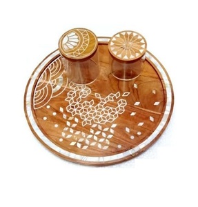 Vente d'usine Cadeau de Ramadan Eid Plateau de service rond en bois d'acacia avec incrustation de nacre pour chocolat 35x35CM - Product Image 4