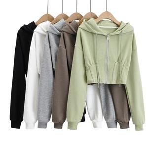 เสื้อครอปฮู้ดดี้ลายสก็อตสำหรับผู้หญิง ผลิตจากผ้าฝ้าย แขนยาว มีซิป แห้งเร็ว ระบายอากาศได้ดี เอวยางยืดพร้อมเชือกผูก - Product Image 4