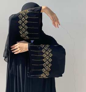 Abaya luxueuse en soie noire à manches longues, anti-rides, faite à la main, ornements dorés, vêtements de prière musulmans traditionnels - Product Image 1