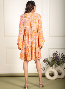 Vestido corto estampado seda elegante y transpirable manga larga campana, cuello en V para mujer ropa de playa y Resort túnica vestido de verano de seda - Product Image 5