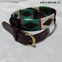 Cinturón de Polo Argentino de Cuero Marrón Hecho a Mano de Lujo con Diamantes Pampa en Verde Bosque, Azul Marino, Blanco y Rojo