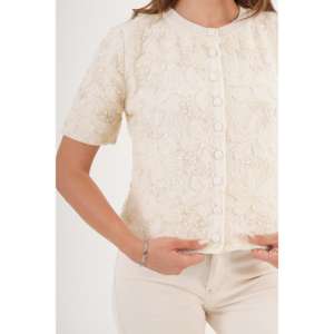 Cárdigan de Punto Beige de Manga Corta con Lentejuelas con Estampado Floral y Adornos de Tul, Elemento Floral de Moda - Product Image 1