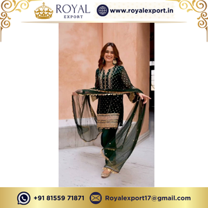 Ropa de fiesta de diseñador de color verde Faux Georgette con Secuencia de bordado colección de trajes Patiyala de Royal Export Surat - Product Image 5