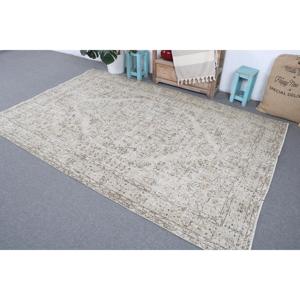 Vintage Rug, Large 5.6x8.4 ft Turkish Rug, <b>Brown</b> White Abstract <b>Wool</b> Rug - Product Image 2