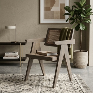 Grey Solid Wood Woven Rattan <b>Armchair</b> V Leg Chandigarh Style Accent <b>Dining</b> Chair Outdoor Patio Setup Art Design Decor - Product Image 2