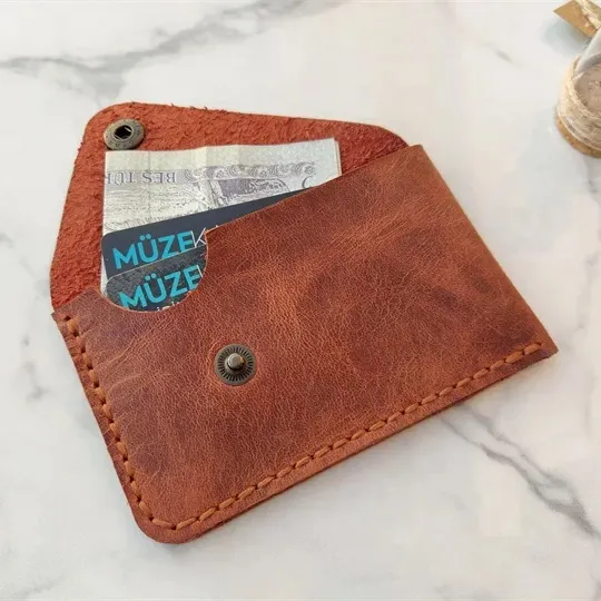 OEM fabrika alt adedi özel gerçek pürüzsüz deri katlanabilir ince kredi kartlıklı cüzdan