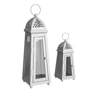 Juego de 2 Faroles Decorativos de Metal Blanco Elegante con Cristal, Estilo Marroquí, Decoración para el Hogar, Accesorio de Iluminación para Velas, Precio de Fábrica - Product Image 1