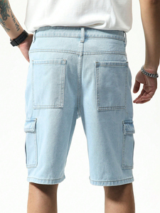 Short en jean taille haute uni à la mode pour homme bleu clair avec grandes poches style décontracté délavé foncé 100% coton - Product Image 2