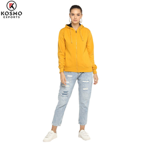 เสื้อมีฮู้ดแบบมีซิปสำหรับผู้หญิงผ้าคอตตอนผ้าเจอร์ซี่น้ำหนักเบาใส่สบายสีเหลืองนุ่มออกแบบได้ตามต้องการ - Product Image 2