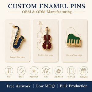 Badges de revers personnalisés minimalistes en émail plaqué or, motifs saxophone, violon, piano - Product Image 3