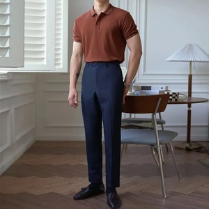 Summer Vintage Men's Short Sleeve for Polo Shirt 100% Cotton New Trendy Casual Knitted Lapel T-shirt Striped Solid Color - Product Image 4