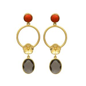 New Arrival Gold Tone Circular Drop Earrings with Flower and Red Onyx Gemstone - Product Image 1