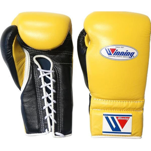 Gants de boxe à lacets Winning, jaune et noir, cuir véritable de qualité supérieure, gants d'entraînement et de combat professionnels, fermeture à lacets, 8oz, 10oz, 12oz - Product Image 1