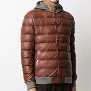 Chaqueta de Cuero 2026 con Capucha Marrón para Hombre, Chaqueta de Cuero de Oveja Personalizada para Hombre, Chaqueta de Cuero Acolchada - Product Image 3