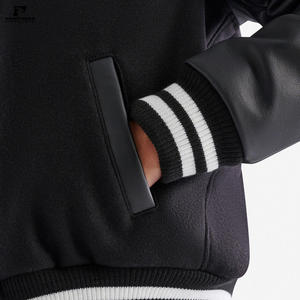 Chaquetas universitarias Letterman con mangas de cuero bordadas personalizadas de alta calidad, chaqueta de tela con capucha negra - Product Image 5