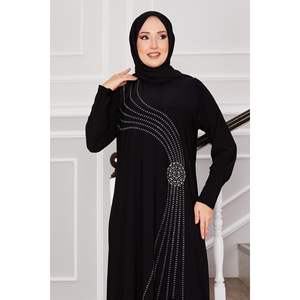 Sandy Black Hijab Dress with Open-Collar & Stone Details Long Crepe and Cotton Muslim <b>Abaya</b> for Summer Winter Sizes XS to 6XL - Product Image 3