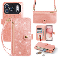 Étui portefeuille en TPU+PU avec paillettes brillantes pour 17/16/15 Pro/14/13/12 Pro Max/X/XS/XR/7/8/6, avec emplacement pour cartes pliable, support, coque personnalisée