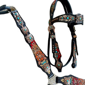 Nueva alta calidad Turqouise Headstall y Breastplate Fringes Horse One Ear Headstall Breast Collar Set Tack a precio mayorista - Product Image 1