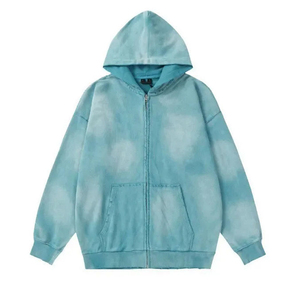 เสื้อฮู้ดดี้เฟรนช์เทอร์รี่ซิปหน้าคุณภาพสูงแบบขายส่ง ล้างสีแบบแอซิดวอช ประดับคริสตัล หนักแน่น สำหรับผู้ชาย ฤดูหนาว ผ้าทึบ 100% - Product Image 2