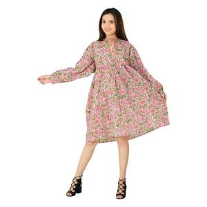 Robe tunique bohème en coton, imprimé floral, dentelle décorative, motifs tissés, respirante, coupe trapèze, pour l'été, manches tissées - Product Image 4