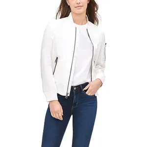 2022 Ladies High Quality sheep skin / leather made Customized Best Style white bomber Jacket out Wear Bomber Jackets For women's