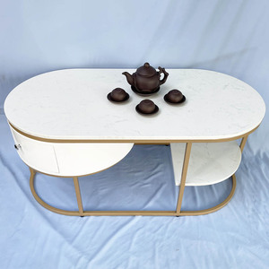 Modern Oval <b>Coffee</b> <b>Table</b> with Stone Top and Gold-Painted Frame Durable Living Room Furniture with Movable Drawers TT68177 - Product Image 2