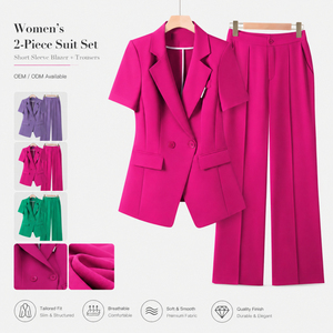 Elegante Completo Donna con Blazer a Maniche Corte e Pantaloni a Gamba Larga, Set Professionale da Ufficio Estivo - Product Image 1