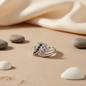 Bague en argent 925 plaqué rhodium avec zircon taille poire pour femme |   Sertissage de lunette |   Cadeau de mariage - Product Image 2