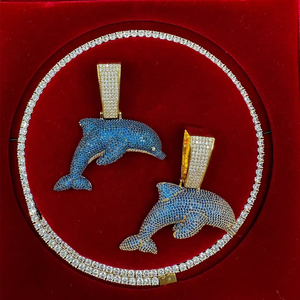 Iced Out Blue Dolphin Pendant <b>Necklace</b> Moissanite Diamond in <b>Real</b> Gold Plated Sterling <b>Silver</b> Hip Hop Style Jewelry - Product Image 4
