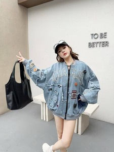 Women's Gothic Stylish Embroidery Baseball Jacket Customizable <b>Light</b> Wash Denim Outwear with Loose Fit for Winter - Product Image 6