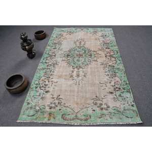 Tapis turc Vintage Beige Vert 4.5 X 7.4ft fait à la main en laine grande surface Patchwork Design rectangulaire couloir Latex pour la décoration de la chambre - Product Image 1