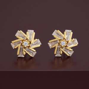 Vintage Trendy 92.5 <b>Silver</b> Earrings 14K Gold Diamond-Studded Flower Geometric <b>Studs</b> for Weddings Engagements Model 183118 - Product Image 5