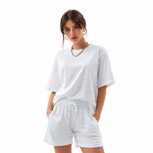 Vêtements de jogging épaule tombante t-shirt short ensemble femmes été Streetwear Shorts deux pièces dames blanc t-shirt haut femmes - Product Image 1