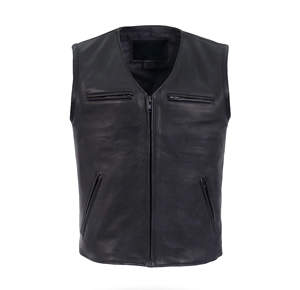 Chaleco de cuero negro con cuello en V para hombre al por mayor Premium transpirable con 4 bolsillos exteriores con cremallera diseño formal OEM a granel - Product Image 1