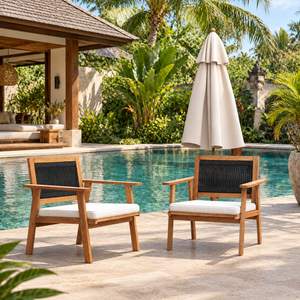 Chaise de jardin en teck d'extérieur avec dossier en corde tressée, siège rembourré pour patio, villa, hôtel, bord de piscine - Product Image 1