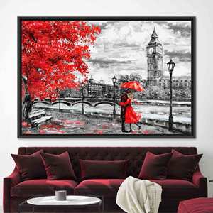 Elegant <b>London</b> Art Canvas Print: Modern Red Umbrella Landscape,1P:<b>Black</b> Framed - Product Image 1