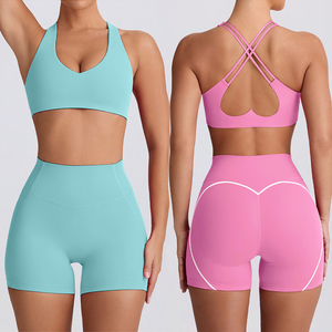 Vêtements pour femmes 2025 Summer Active Wear Cross Back Sports Bra Compression Running Pink Athletic Workout Short Sets for Women - Product Image 6