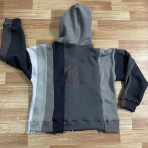 Sweat à capuche zippé à empiècements gris avec coutures multicolores, logo brodé, style streetwear en molleton de coton 350GSM pour homme - Product Image 4