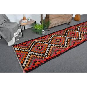 Vintage Turkish Kilim Rug 2.8 X 10ft <b>Red</b> Orange <b>Wool</b> with Latex Backing New Abstract Pattern for Entryway Hallway 9x12 Jute Rug - Product Image 1