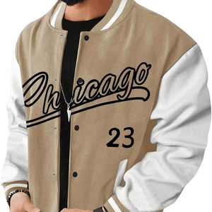 Chaqueta universitaria de lana para hombre con bordado personalizado y eslogan gráfico Stand Collar Button down Bomber Baseball Coat con bolsillos - Product Image 1