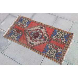 Vintage Rug 1.5x3 ft, <b>Red</b> Blue Check <b>Wool</b> Turkish Rug - Product Image 2
