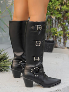 Bottes hautes vintage punk à talon carré et bout pointu, avec multiples sangles à boucles, pour mollets larges, taille plus, directement de l'usine - Product Image 6