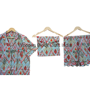 Hermoso Kangura Conjunto de pijama de algodón hecho a mano indio con estilo, ropa de noche corta Vintage con estampado de bloque de mano para mujer para otoño - Product Image 2